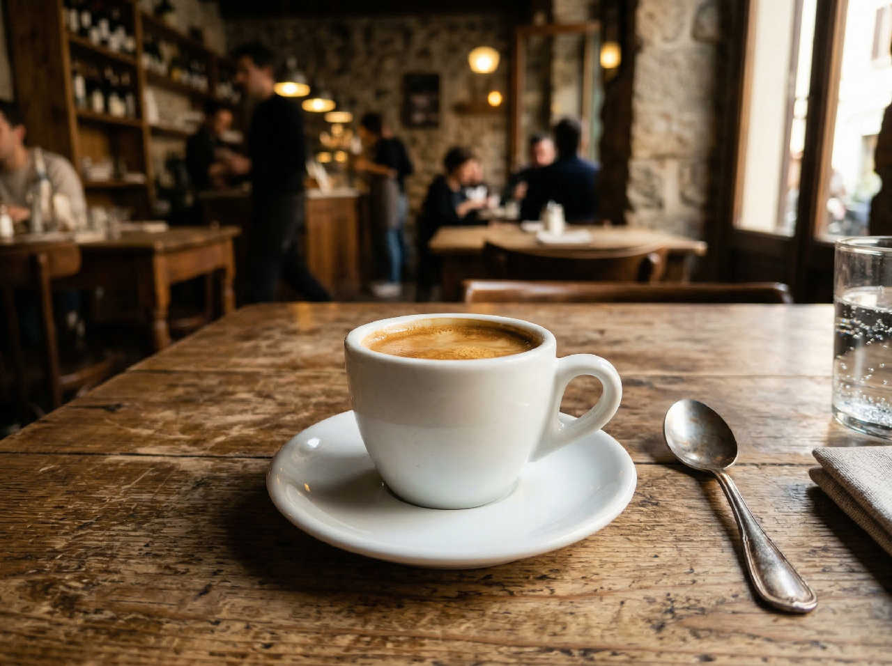 Espresso in tazza bianca su tavolo in legno nella Caffetteria Occhino