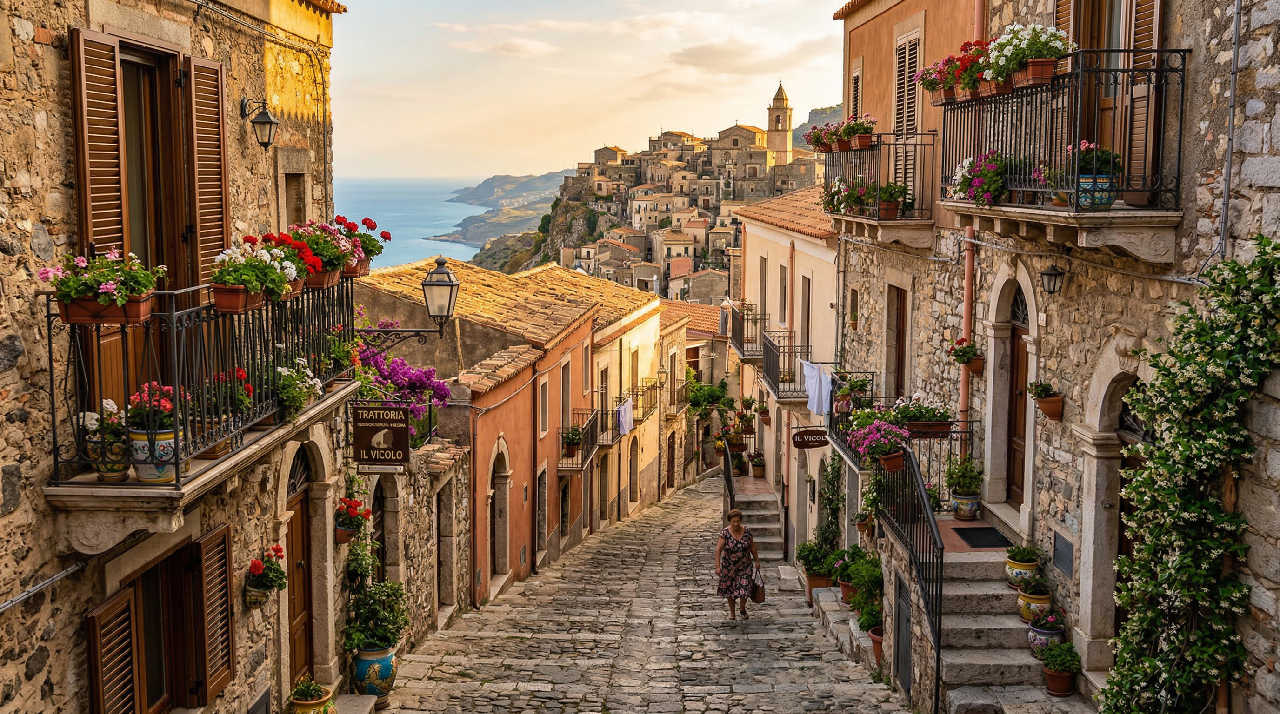 Vicolo caratteristico di un borgo siciliano con fiori sui balconi e vista sul mare